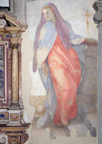 訪問」、祭壇の右にいるエリザベスの詳細 作： Jacopo Pontormo