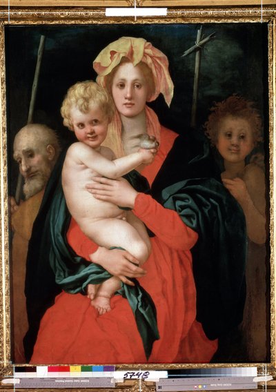 Virgin and Child with Saint Joseph and Saint John the Baptist (聖母子と聖ヨセフと洗礼者ヨハネ)。 キリストは手に鳥を持っています。 Jacopo (Iacopo) Carrucci dit il Pontormo (Pontorme) (1494-1557) による絵画、1520 年頃。 作： Jacopo Pontormo