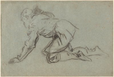 杖をひざまずく男、1554-56年頃（青紙に木炭） 作： Jacopo Robusti Tintoretto