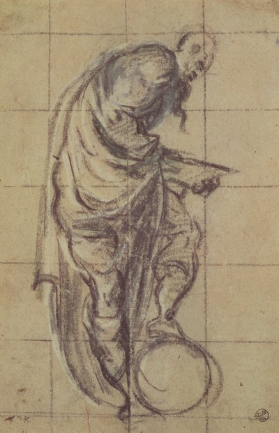 地球上に立つ哲学者（紙に木炭） 作： Jacopo Robusti Tintoretto