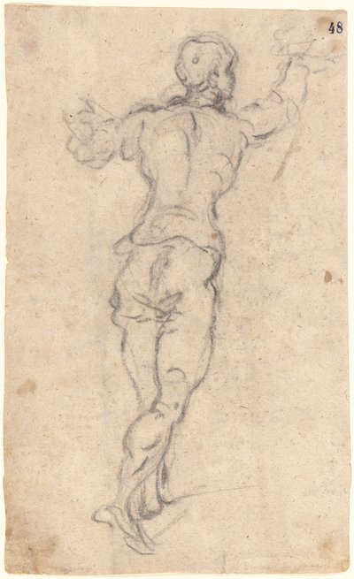 腕を上げて歩き回る青年、後ろから見た、1579年頃（オートミール紙に木炭） 作： Jacopo Robusti Tintoretto