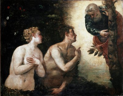 永遠の父と向き合うアダムとイブ ヤコポ・ロブスティによる絵画 ティントレット（Tintoretto）（1518-1594）1550-1553日と言った。90x110 cm フィレンツェ、ピッティ宮殿、ガレリア・パラティーナ 作： Jacopo Robusti Tintoretto