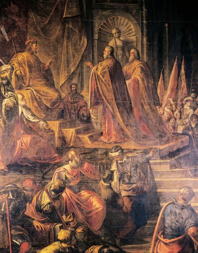 バルバロッサに和平を嘆願する教皇とヴェネツィア人の大使、ヤコポ・ティントレット（1519-1594）とその工房による、ヴェネツィア、ドージェの宮殿の大会議場。イタリア 作： Jacopo Robusti Tintoretto