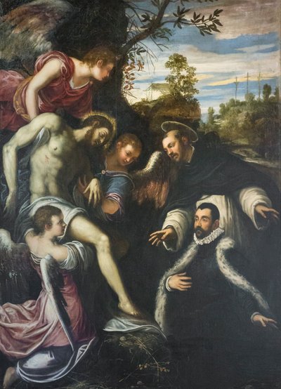 3人の天使、聖ドミニコと寄贈者に支えられた死んだキリスト 作： Jacopo Robusti Tintoretto