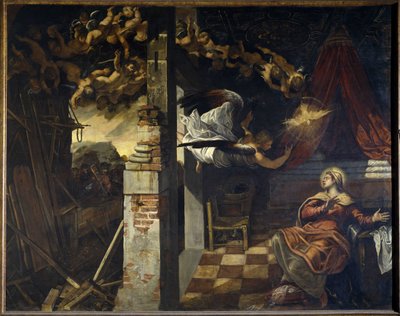 受胎告知。 Le Tintoretto（Il Tintoretto）として知られるJacopo Robustiによる絵画（1518-1594） 作： Jacopo Robusti Tintoretto