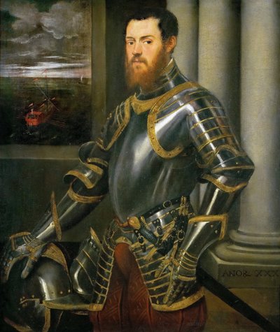 金で装飾された鎧の男の肖像、1555年頃。 作： Jacopo Robusti Tintoretto