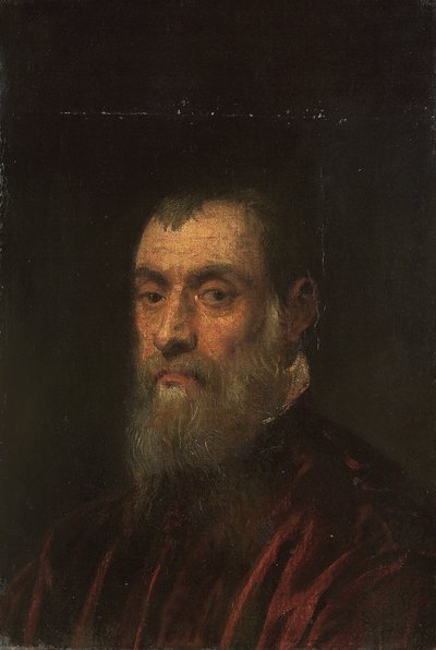 赤いガウンのひげを生やした男性のバスト丈の肖像画 作： Jacopo Robusti Tintoretto