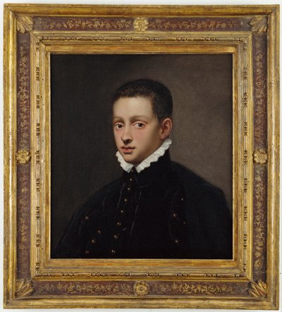 ホワイトカラーの黒いダブレットのバスト丈の男の子の肖像画 作： Jacopo Robusti Tintoretto