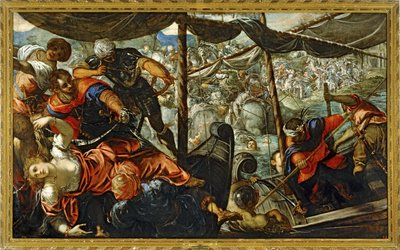 トルコ人とキリスト教徒の戦いの一場面...（キャンバスに描かれた絵） 作： Jacopo Robusti Tintoretto