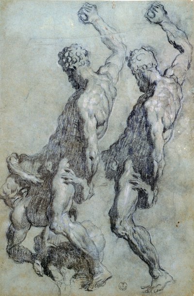 ティントレットことヤコポ・ロブスティ（1518-1594）の人物習作、黒鉛筆と木炭のドローイング 作： Jacopo Robusti Tintoretto