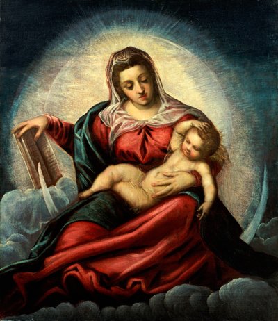 三日月と雲の上のマンドルラのマドンナと子供、知恵の本 作： Jacopo Robusti Tintoretto