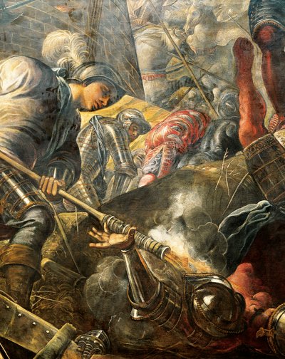 ティントレット (1518-1594) として知られるジャコポ ロブスティ作、ベネチア人はブレシア人がフィリッポ マリア ヴィスコンティの包囲を破るのを助ける、詳細、サラ デル マッジョール コンシーリオ (大評議会ホール)、ドゥカーレ宮殿、ベニス 作： Jacopo Robusti Tintoretto