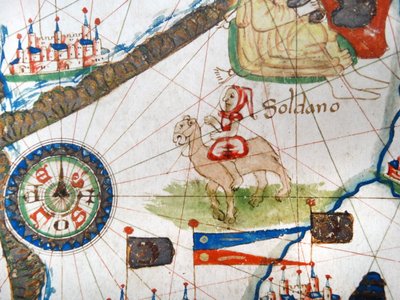 ラクダのアラブ商人、ヨーロッパのルネッサンス地図の詳細、ヤコポ・ルッソ（後）1528 作： Jacopo Russo