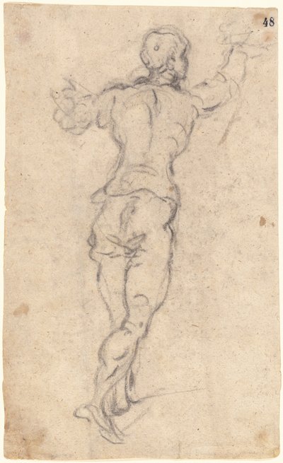 後ろから見た、腕を上げて大股で歩く若者 作： Jacopo Tintoretto