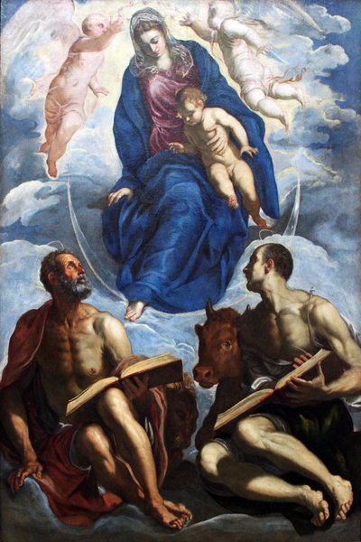 伝道者のマークとルークに愛されたマリアと子供 作： Jacopo Robusti Tintoretto