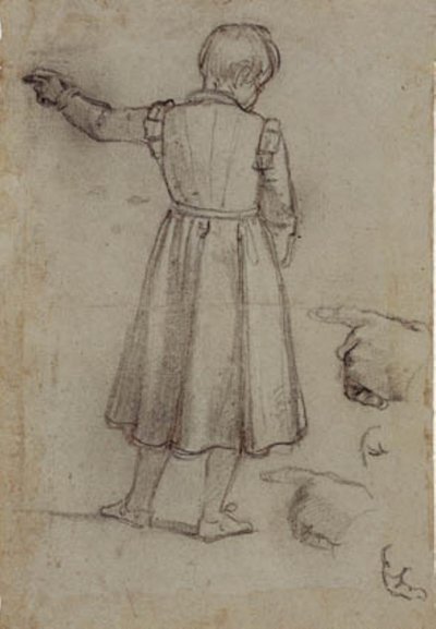 左を指して後ろから見た立っている男の子、左手の 4 つの習作 作： Jacopo da Empoli