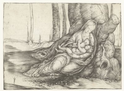 胸に子供を抱いたマリアが木の根元に座っている 作： Jacopo de