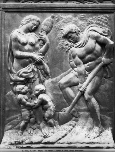 働かされるアダムとイブ、ポルタ・マグナのパネル、1430年頃（大理石製 作： Jacopo della Quercia