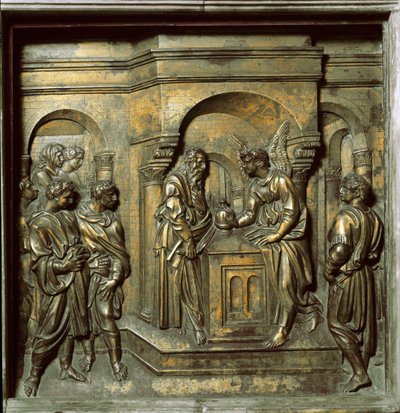 天使がザカリアスに現れる（1427年頃、洗礼盤のブロンズタイル 作： Jacopo della Quercia