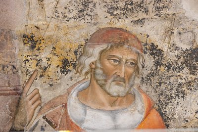 イソクラテスまたはデモステネスの肖像画、修辞学の寓話からの詳細（フレスコ画） 作： Jacopo di Cione