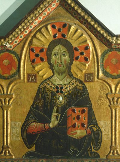 メリオレ・トスカーノまたはメリオレ・ディ・ヤコポ（1255年頃～1285年頃）による《聖母と三人の聖人を伴う救済者》の細部、パネルにテンペラと金彩、85x210cm。 作： Jacopo di Meliore