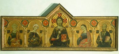 メリオレ・トスカーノまたはメリオレ・ディ・ヤコポ（約1255-1285）による「聖母と三聖人を抱く救済者」、パネルにテンペラと金彩、85x210cm、詳細 作： Jacopo di Meliore