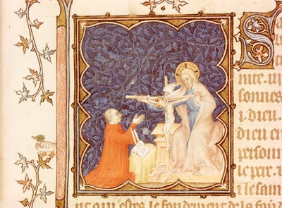 Ms Lat 18014 Jean de France（1340-1416）十字架につけられたイエスの前で祈るベリー公、Les Petites Heures de Duc de Berry、1385-90年頃 作： Jacquemart de Hesdin