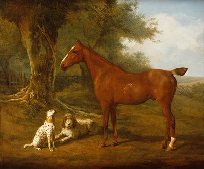 Briard とダルメシアン (オイル) と栗のハンター 作： Jacques Laurent Agasse