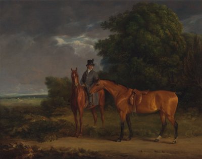 栗のハンターに乗った新郎、手綱でベイハンターを保持 作： Jacques-Laurent Agasse