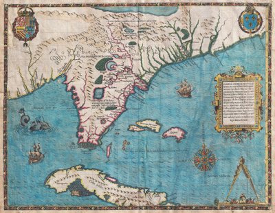 ジャック・ル・モインによるフロリダとキューバの地図 作： Jacques  Le Moyne