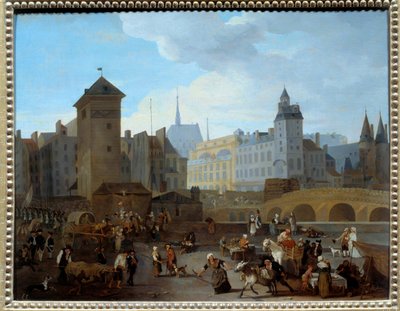 フランス革命。"View of the bridge and the pump Notre-Dame in Paris" ポンプはパリのいくつかの噴水に水を供給しており、商人、負傷者を運ぶ救急隊員、逃げ惑う兵士などの日常生活のシーンが描かれています。ジャック・アルベール・セナーヴ（1755-1）による絵画 作： Jacques Albert Senave