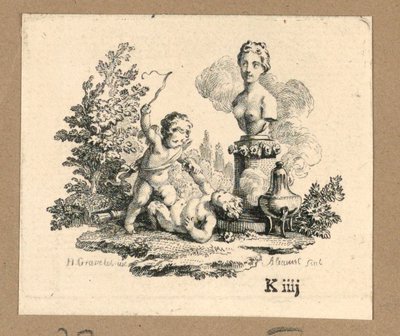 版画「サテュロスの少女を懲らしめるキューピッド 作： Jacques Alianet