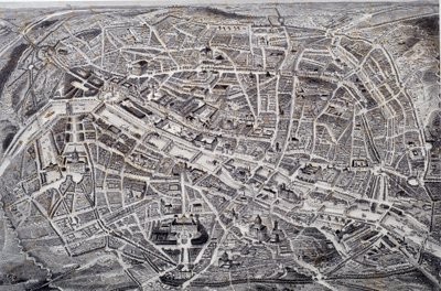 レリーフされたパリの地図と、その周辺や要塞を描いた鳥瞰図。ジャック・アルフォンス・テスタールのガルヴュール（1810-？ 19世紀 パリ、カルナヴァレ美術館 作： Jacques Alphonse (after) Testard