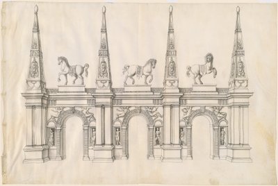 飾られた馬と装飾された尖塔のある凱旋門 作： Jacques Androuet Ducerceau I