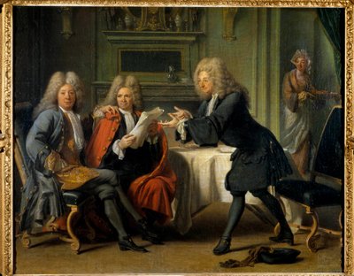 ラ・メゾン・ドートイユ」ベルナール・ル・ブイエ（ル・ボヴィエ）・ド・フォンテネル（1657-1757）（フランスの作家）、ラ・モット、ソーラン、マダム・ド・アレクサンドリーヌ・クローディン・ゲラン（テンシン侯爵夫人がチョコレートを運ぶ）テンシン侯爵夫人が開催していた評判の高いサロンです。 作： Jacques Autreau