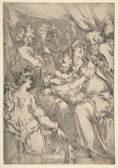 聖カタリナ、福音伝道者の聖ヨハネ、天使のいる聖家族、1612-16年。 作： Jacques Bellange
