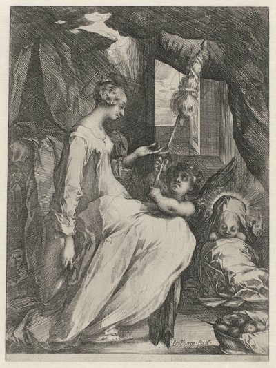 幼子キリストと天使とともに紡ぐ聖母マリア マリアと子供、糸巻き棒を持った天使 作： Jacques Bellange