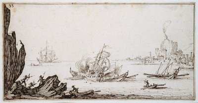 港を目前にして航行中のマン・オー・ウォーに船首から突っ込まれたガレー船、1617年頃（紙にペン・茶インク 作： Jacques Callot