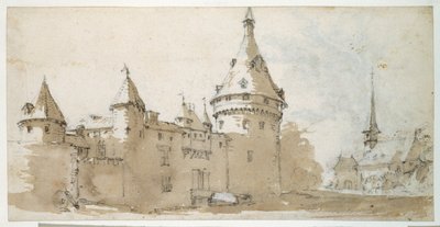 塔のあるシャトーと教会（紙に黒チョークの上に茶色とグレーのウォッシュ）。 作： Jacques Callot