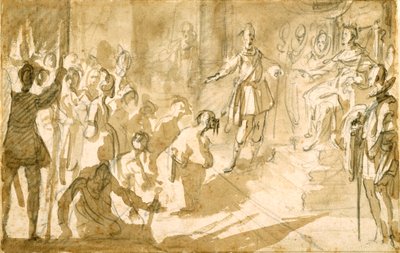 1615年頃、トスカーナのフェルディナンド1世にトルコの囚人を紹介するインヒラミ提督（ペンとインク、紙の上のチョークの上にウォッシュ） 作： Jacques Callot