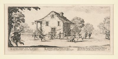 家の前での戦闘シーン、『戦争の悲惨さと災害』、18 枚セットの 4 番 作： Jacques Callot