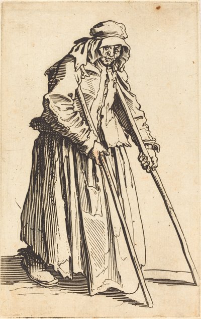 松葉杖を持った物乞いの女、c. 1622年。 作： Jacques Callot