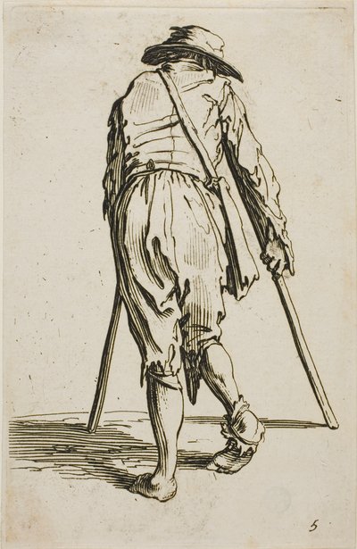 松葉杖をつき、帽子をかぶった乞食（『乞食たち』より）。 作： Jacques Callot