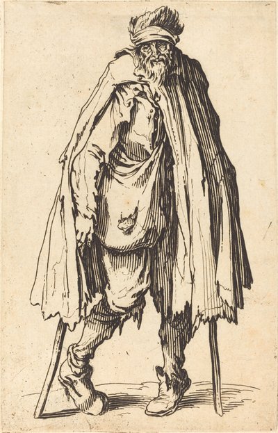 松葉杖と袋を持った物乞い、c。 1622年。 作： Jacques Callot