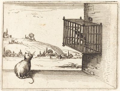 ケージに入れられた鳥を見る猫 作： Jacques Callot
