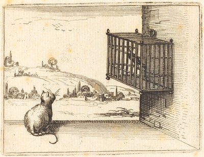 ケージに入れられた鳥を見る猫、1628年。 作： Jacques Callot