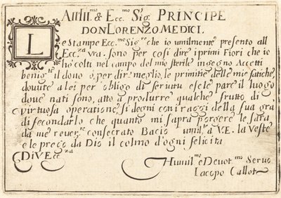 ドン・ロレンツォ・デ・メディチへの献身、c. 1622年。 作： Jacques Callot
