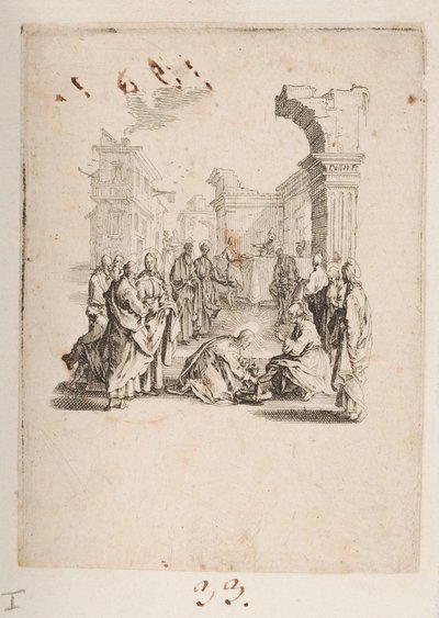 キリストの足を洗う弟子、いいえ。 11 件中 1 件 La Petite Passion から 作： Jacques Callot