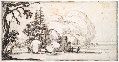 海岸の奇岩、海岸のビル群（紙にペン、茶インク 作： Jacques Callot