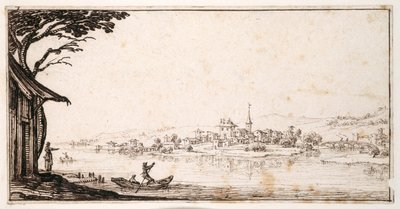 川を渡り、橋で結ばれた城のある小さな町に向かう乗客（紙にペン、茶インク 作： Jacques Callot